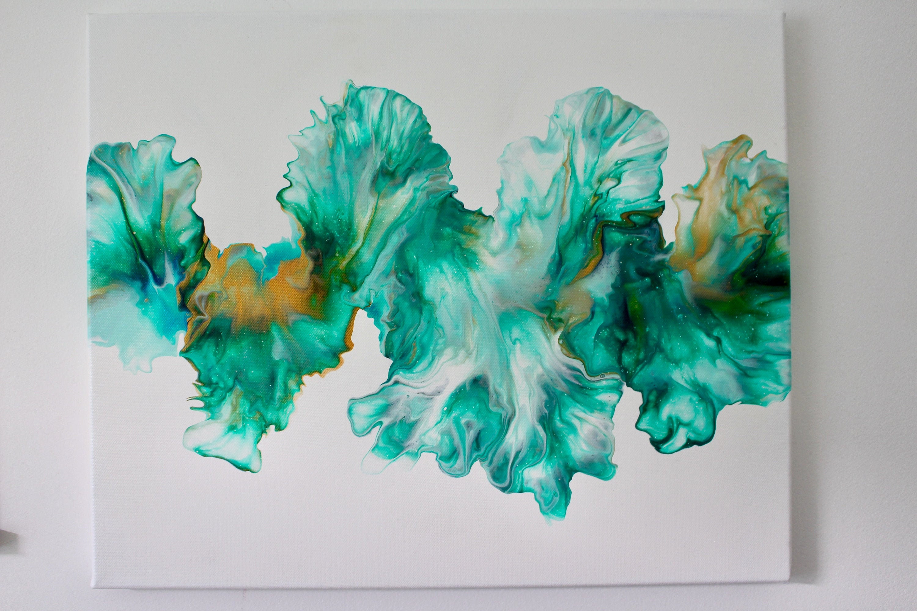 Coral Reef - Dutch Pour Painting/Turquoise Green & Gold 46x38cm Cotton Canvas