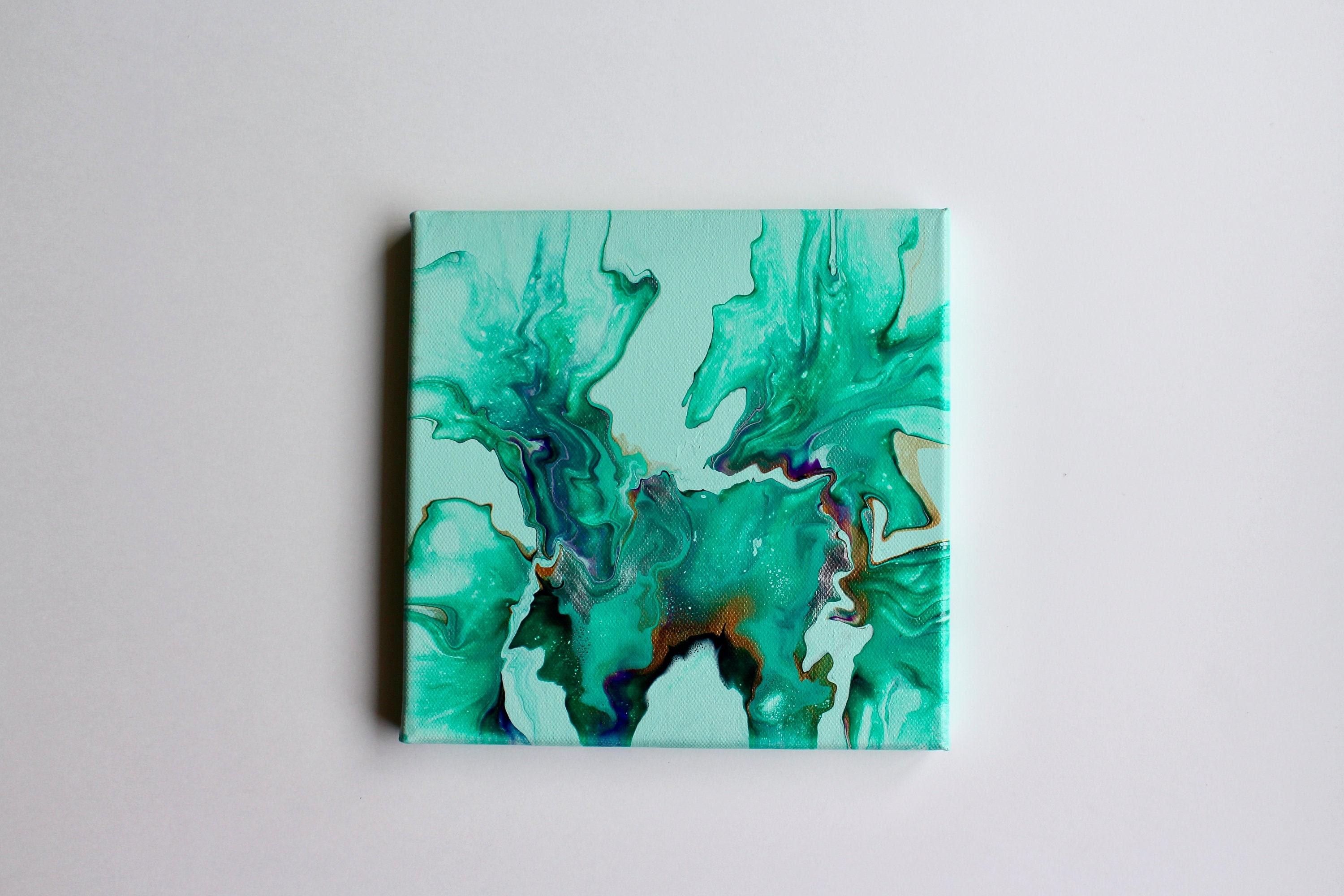 Aquamarine - Dutch Pour Painting/Aquamarine & Purple Gold 20x20cm Cotton Canvas