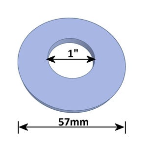 May include: A light blue, circular washer with a 1-inch inner diameter and a 57mm outer diameter. The washer is shown against a white background, with black arrows and measurements.