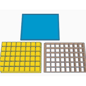 May include: Three different types of storage containers. The first is a yellow container with a grid of small squares. The second is a brown container with a grid of larger squares. The third is a blue container with a solid surface.