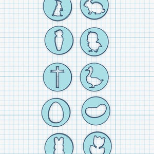 May include: Ten blue circles with white outlines, each containing a different Easter-themed image: a bunny, a chick, a cross, an egg, a tulip, a carrot, a goose, a jelly bean, and two more bunnies.