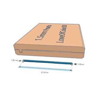 May include: A diagram of a strand of 1.5mm pearls, 57.50mm in length, with a box labeled "1.5mm Pearls" and "LoveOfColor3D". The pearls are blue and the box is tan.