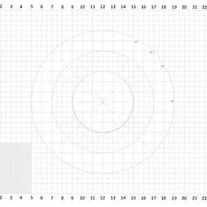 May include: A grid with concentric circles and radial lines, featuring degree markings at 30, 45, 60, and 90 degrees. The grid is divided into squares, with a smaller grid in the lower left corner. The image is a technical drawing.