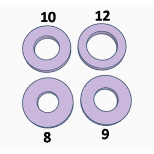 May include: Four purple metal washers with different sizes labeled 8, 9, 10, and 12.