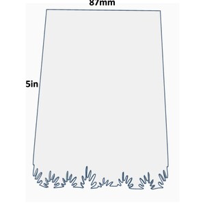 May include: A light gray, rectangular design with a dark blue outline. The top measures 87mm across, and the height is 5 inches. The bottom edge features a decorative, stylized grass-like pattern.