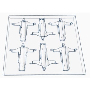 May include: A sketch of six white statues of Christ the Redeemer in a tray. The statues are in various orientations, with some upright and others inverted. The statues have outstretched arms.