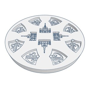 May include: A light gray, circular object with a raised edge. The surface features several architectural designs and decorative elements. The design includes stylized buildings and ornate patterns, creating a detailed and artistic appearance.