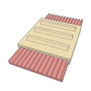 May include: A beige ceramic tile with three rectangular grooves, topped with a row of red, wavy tiles.