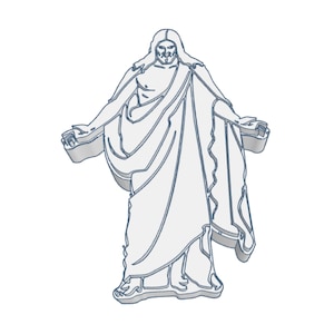 May include: A three-dimensional white figurine of a figure with long hair and a beard, wearing a draped robe with arms outstretched to the sides. The object features dark blue outlines that define the facial features and the folds of the fabric.