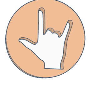 May include: A white hand in the 'I love you' sign, set within a peach-colored circle. The hand gesture has a dark blue outline, creating a 3D effect. The design is simple and bold, suitable for various applications.