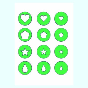 May include: A set of nine green circles with white outlines, each containing a different shape: heart, pentagon, star, and teardrop. The shapes are arranged in three rows of three.