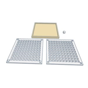 May include: A light beige rectangular tray with a matching small cube and two white square boards with numerous small square cutouts. The boards are arranged below the tray, and the cube is to the right.
