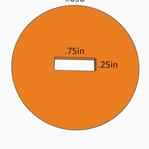 May include: Orange circle with a white rectangle inside. The rectangle is labeled with the dimensions .75in by .25in. The circle is labeled #658.