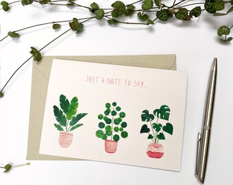 A6 Note card, Blank inside, Houseplants, Watercolour & Mixed Media Collage Design, Just a note to say...