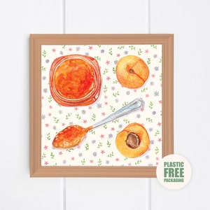 Watercolour Apricot Jam Print, Floral, Wall Art, Kitchen Decor, Square, 210x210mm, 300-350gsm Recycled Paper