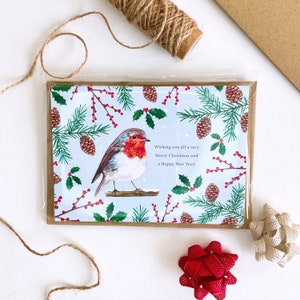 Lot de 5 cartes de Noël illustrées de luxe, rouge-gorge aquarelle, tableau traditionnel, message de joyeux Noël, emballage sans plastique