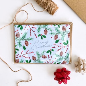 Confezione da 5 biglietti di Natale illustrati di lusso, fogliame acquerello, pittura tradizionale, messaggio di buon Natale, imballaggio senza plastica