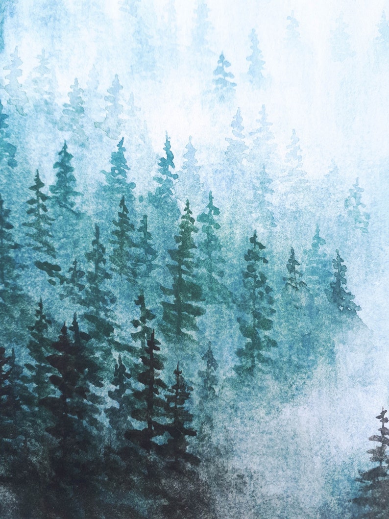 Misty Trees Watercolour Art Print Foggy Forest Landscape | Etsy
