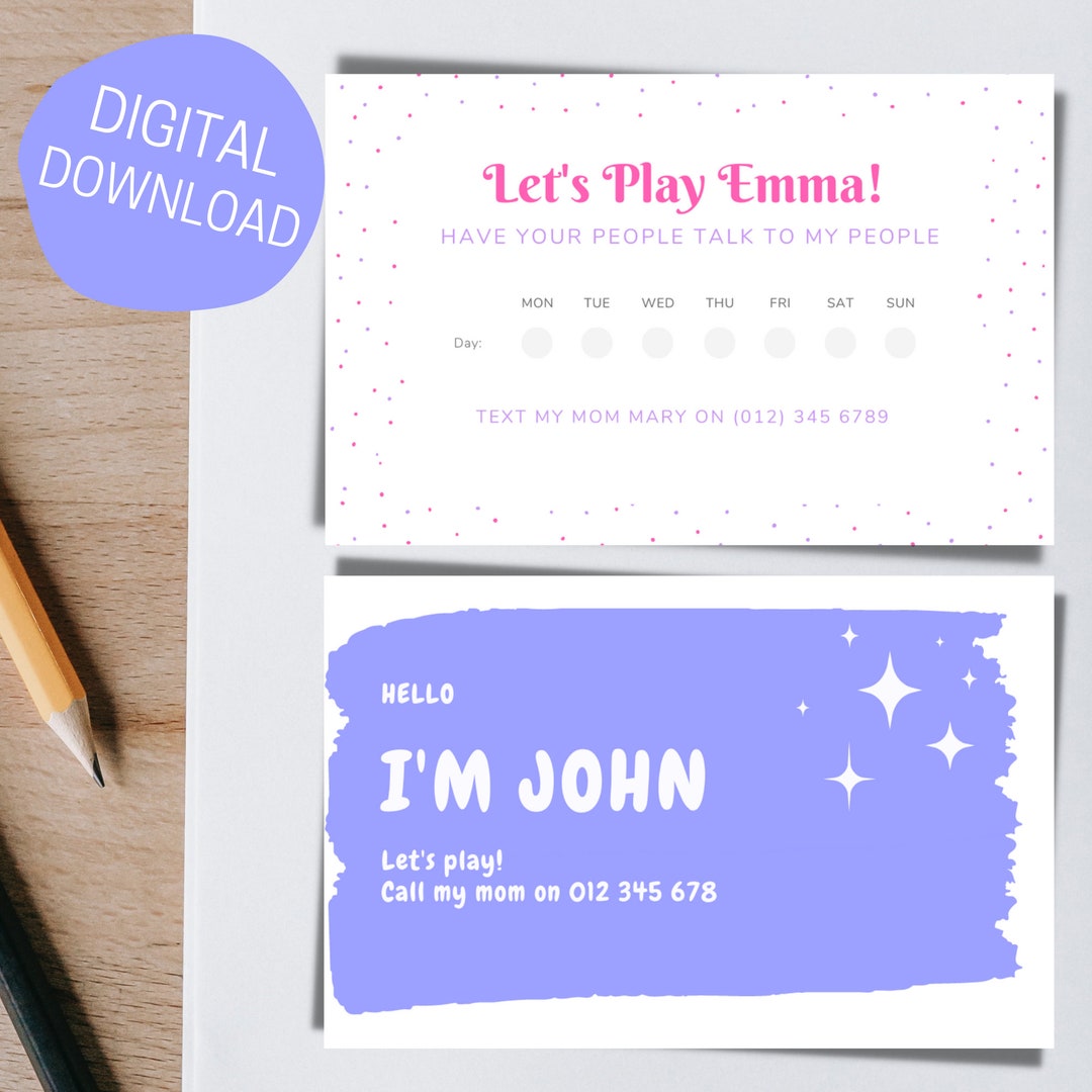 Printable Kid's Play Date Card, Play Date Business Card, Personalized ...