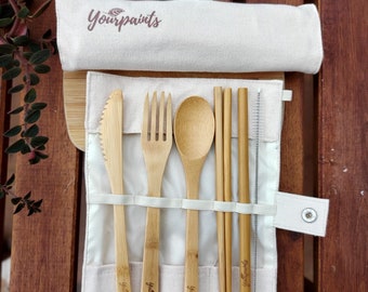 YourPaints 100 % Organic Reusable Bamboo Cutlery Travel Set (7 pcs set) White canvas bag