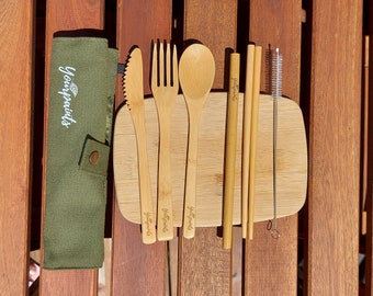 YourPaints 100 % Organic Reusable Bamboo Cutlery Travel Set (7 pcs set) with Green cotton canvas bag