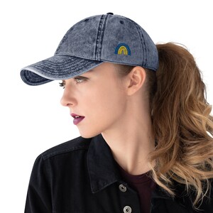 Vintage Cotton Twill Cap with side embroidery. Rainbow in Blue and yellow. Summer ready, unisex baseball cap for men and women. Gifts