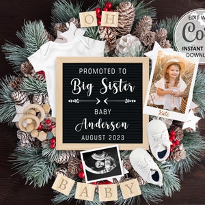 Big Sister Christmas Pregnancy Announcement digital, second Baby announcement editable for social media, New Year birth announce #431