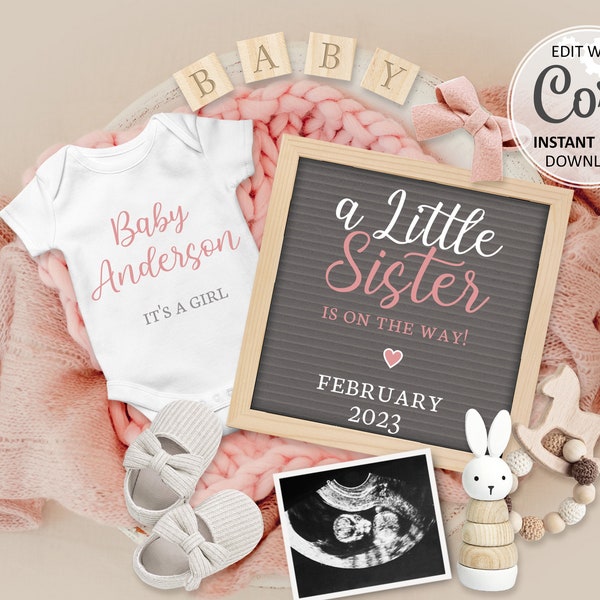 Little Sister Gender Reveal Baby Girl Announcement digital, It's a GIRL Pregnancy Announce for social media, birth gender announcement #338