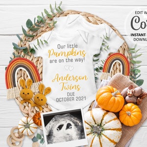 Herbst Digital Twin Schwangerschaftansage Social Media, Kürbisse Baby offenbaren Fälligkeitstermin Thanksgiving Bearbeitbare Ankündigung Instagram Oktober # 029
