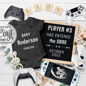 New player Baby Announcement Digital, Video Gamer pregnancy editable Reveal due date Announce Instagram player 3 entered, gamer dad mom #203