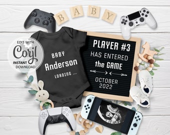Nuevo jugador Anuncio de bebé Digital, Embarazo de jugador de videojuegos editable Revelar fecha de parto Anuncio Instagram jugador 3 ingresó, papá gamer mamá #203
