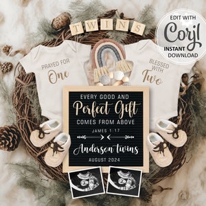 Aankondiging christelijke tweeling digitaal, James 1:17 religieus Rainbow Baby Reveal sociale media, elk goed en perfect cadeau #873