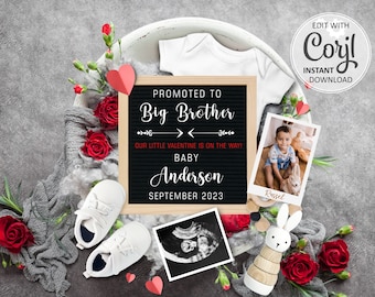 Big Brother Valentines Pregnancy Announcement digital, second Baby announcement editable for social media, February birth announce #450