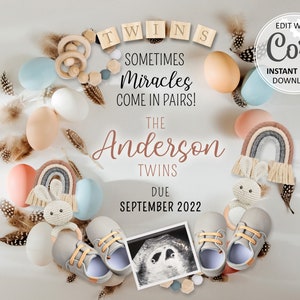 Annonce numérique de la grossesse des jumeaux arc-en-ciel pour Pâques, date prévue pour le bébé, non sexiste, modifiable sur les réseaux sociaux # 165