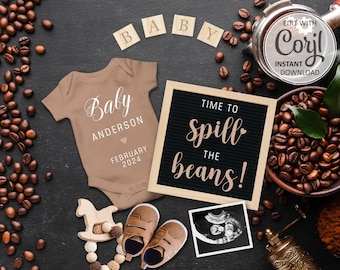 Spill the Beans Pregnancy announcement Digital, Coffee Beans Baby announcement Editable Social Media Letter Board Editable template #623