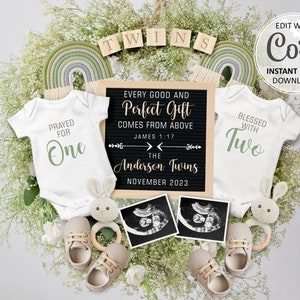 Christian Twin Pregnancy announcement Digital Religious Rainbow Baby Reveal Editable Social Media post Every good and perfect gift #532