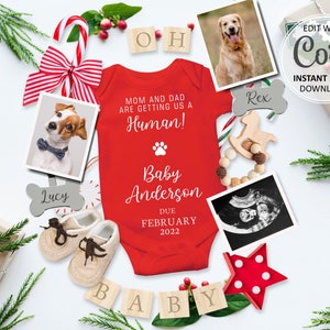 Anuncio de embarazo de perro para Navidad Anuncio de bebé digital Tema de perro Tarjeta de revelación de fecha de parto, Mamá papá se convierte en humano Plantilla editable n.° 133