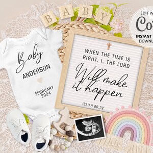 Christian Rainbow Pregnancy announcement Digital, Religious Baby Editable Announce for Social Media, Isaiah 60:22, God Answers Prayers #616