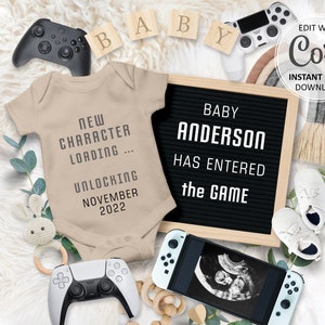 Video Gamer Baby Announcement Digital, game Rainbow Pregnancy editable Reveal due date, new character unlocked player 3, gamer dad mom #201
