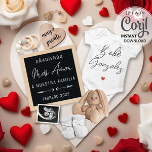 Spanish Pregnancy Announcement: Boho Valentine&#39;s Day Baby Reveal (Digital File 5x7in JPG/PDF) #1346