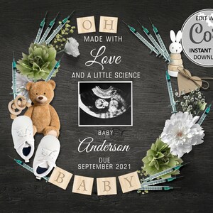 Carte numérique d'annonce de grossesse de FIV pour les médias sociaux, faire-part de fertilité pour bébé, carte modifiable faite avec amour et science #095