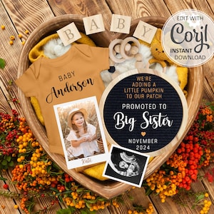 Fall Second Pregnancy Announcement digital, Pumpkins Baby announcement editable for social media Big Sister Thanksgiving birth announce #850