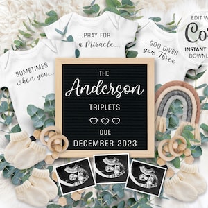 TRIPLET annonce la grossesse numérique arc-en-ciel révèlent la date d'accouchement, grenouillères triples pour les médias sociaux, trois bébés annonce personnalisée # 566