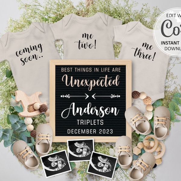 Unexpected TRIPLET announcement digital pregnancy Reveal Social media, triplets baby onesies editable Announce template, three babies #569