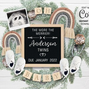 Annonce numérique de grossesse gémellaire, carte de date d'échéance de révélation de Noël arc-en-ciel d'hiver pour bébé pour les médias sociaux, annonce modifiable personnalisée #042