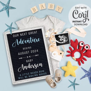 Pregnancy Announcement Digital Summer Baby Reveal, Next Adventure Social Media, Beach Bum Gender Neutral Second Baby Announce template #1048