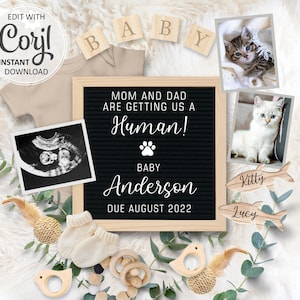 Carte numérique d'annonce de grossesse de chat, thème d'animal de compagnie d'annonce de bébé indiquant la date d'échéance, modèle modifiable par humain de papa de maman # 153