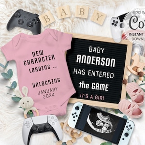 Video Gamer Baby Announcement Digital, game Rainbow Pregnancy editable Reveal due date, new character unlocked player 3, gamer dad mom #595
