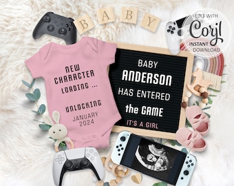 Anuncio digital de bebé para gamers, juego Rainbow Pregnancy editable Revelar fecha de parto, nuevo personaje desbloqueado jugador 3, gamer papá mamá #595