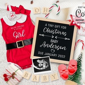 Faire-part de bébé de Noël fille carte date d'échéance numérique pour les médias sociaux, annonce modifiable du père Noël pour le nouvel an décembre #126